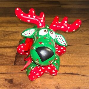 Hand Painted Ceramic Christmas Moose ~ Red & Green W/ Holly Berry Print Figurine